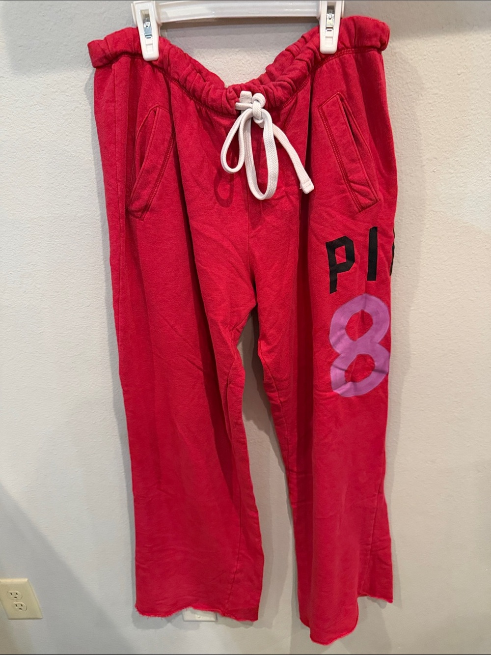 PINK Victoria's Secret Red Plush Lounge Pants with White Drawstring